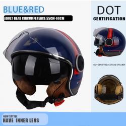 CASQUE DE MOTO AVEC VISIERE STYLE RETRO VINTAGE ITALIE VESPA COULEUR BLEU ET ROUGE DOT NEUF