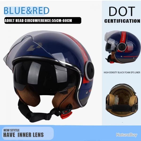 CASQUE DE MOTO AVEC VISIERE STYLE RETRO VINTAGE ITALIE VESPA COULEUR BLEU ET ROUGE DOT NEUF