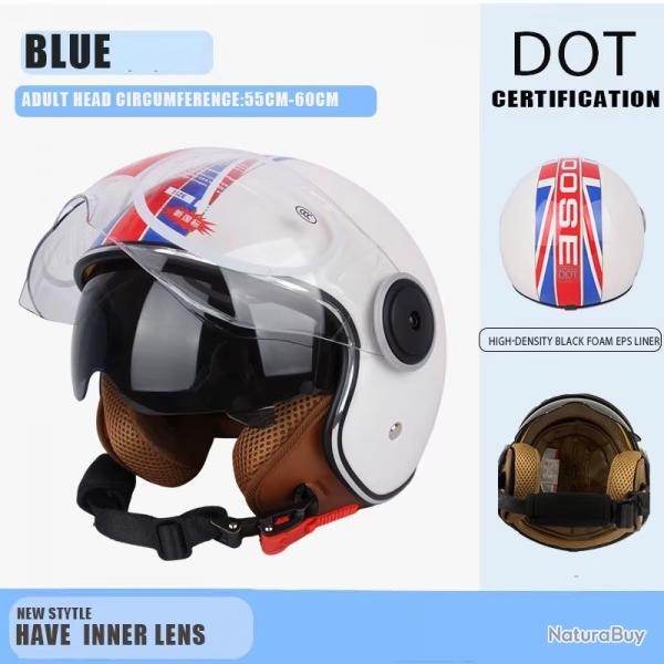 CASQUE DE MOTO AVEC VISIERE STYLE RETRO VINTAGE ITALIE VESPA COULEUR MOTIF BLEU DOT NEUF