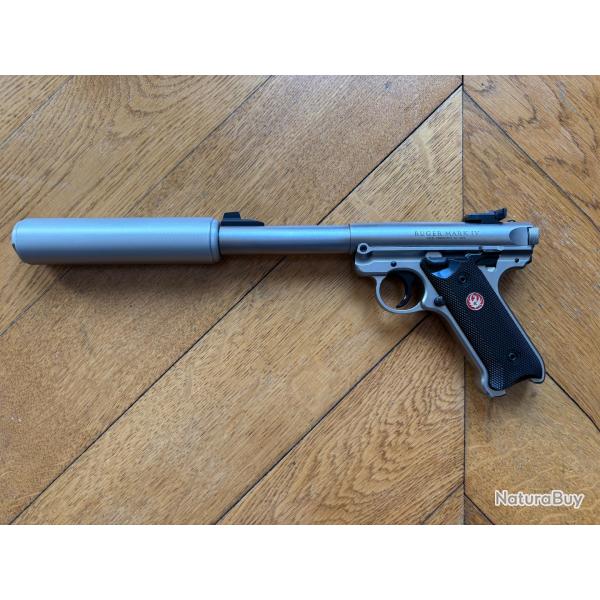 Pistolet Ruger Mark IV Target Inox filet cal .22 LR, avec modrateur de son inclus