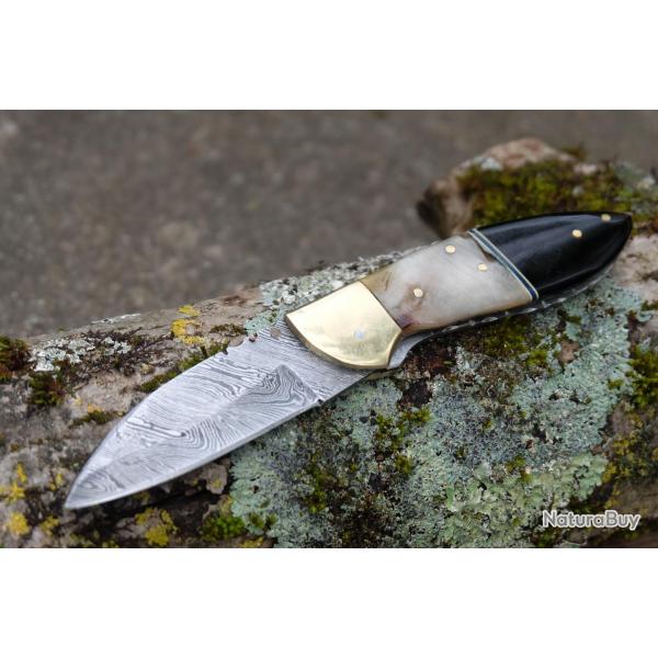 Beau Couteau Damas Lame Sheepfoot 128 Couches Manche Blier & Rsine Fab Artisanale Linerlock