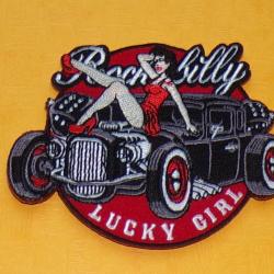 TISSU PATCH :   ROCKABILLY , LUCKY GIRL  , DIAMETRE 9 CM , BON ETAT VOIR PHOTOS . POUR TOUT RENSEIGN