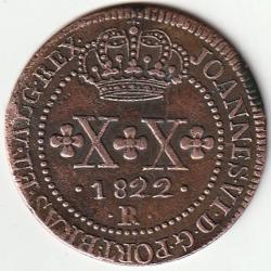 Pièce de Monnaie Brésil 20 réis - João VI 1822 R  Recherchée