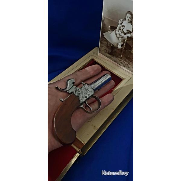 Pistolet miniature a piston  balle force Coffre MARQU, GRAV NOCK&LONDON ! Chien avec scurit
