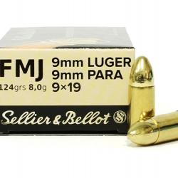 SELLIER BELLOT 9MM FMJ LUGER 8G/124GR BOITE DE 50 MUNITIONS