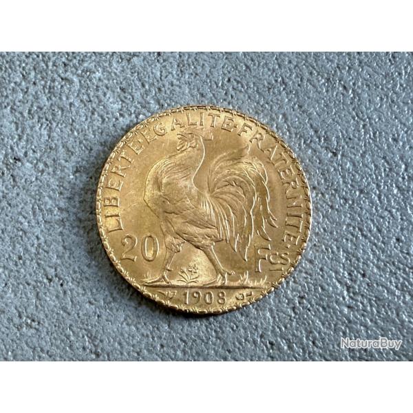 Pice 20 francs or  - 1908 (Louis d'or) - France - Marianne - coq