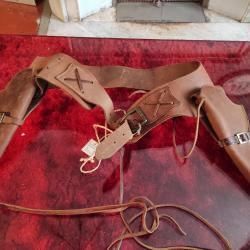 Ancienne ceinture cuir double Holster revolver année 76 ceinturon cowboy neuf