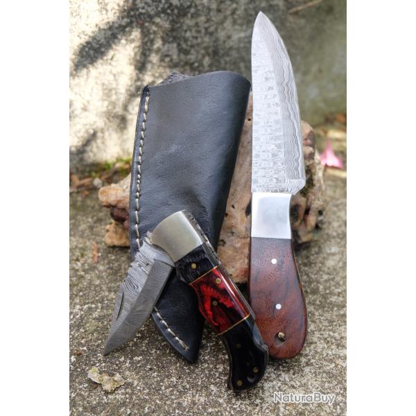 Lot de 2 Couteaux:  Skinner Damas Lame 256 Couches Etui Cuir + Pliant Lame 128 Couches Style Buck 02