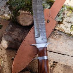 Poignard De Chasse Sub-Hilt Fighter Lame Acier Damas 256 Couches Manche Bois Etui Cuir F Artisan 00