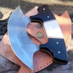 Couteau d'Esquimau Inuit Ulu Lame Acier Damas 256 Couches Manche Résine Etui Cuir F Artisanale 001
