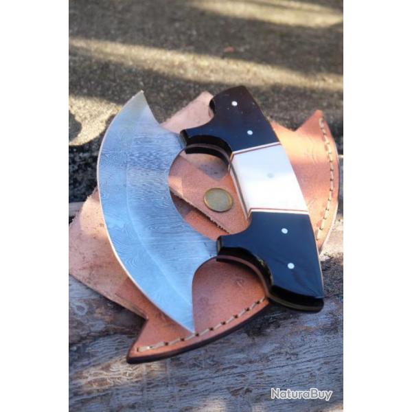 Couteau d'Esquimau Inuit Ulu Lame Acier Damas 256 Couches Manche Rsine Etui Cuir F Artisanale 001