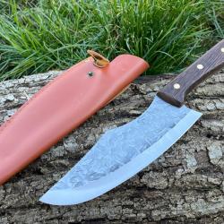 COUTEAU DE DECOUPE 29CM LAME EFFET BRUT ETUI CUIR enchère