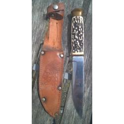 VINTAGE ANCIEN POIGNARD SOLINGEN MADE IN GERMANY DBGM / ETUI CUIR A  TÊTE D'INDIEN / SCOUT CAMPING