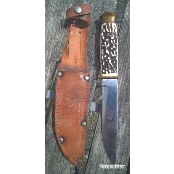 VINTAGE ANCIEN POIGNARD SOLINGEN MADE IN GERMANY DBGM / ETUI CUIR A  TTE D'INDIEN / SCOUT CAMPING