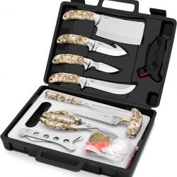 Couteaux Chasse Set, avec Couteau d'écorcheur à Crochet, Couteau à Couper, Cisailles à Gibier 15p