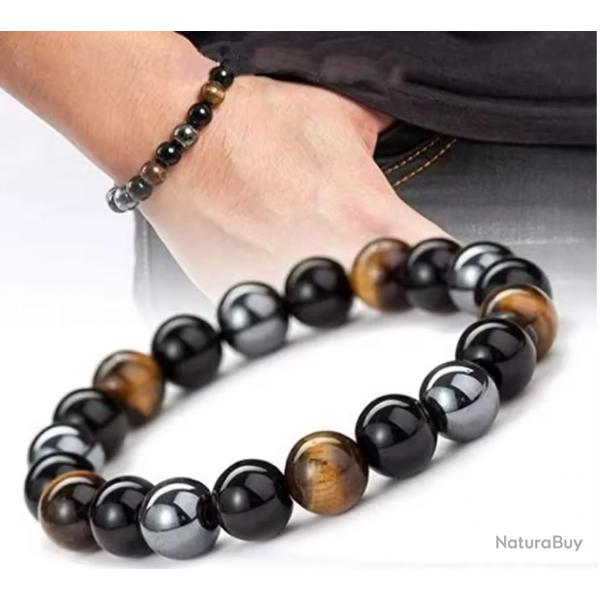 Magnifique Bracelet de perles d'oeil de tigre en hmatite d'obsidienne noire naturelle