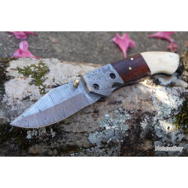Beau Couteau Damas Lame 128 Couches Manche Bois/Os Mitres Damas Fab Artisanale Linerlock 001