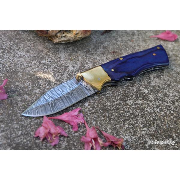 Beau Couteau Damas Lame Drop Point 128 Couches Manche Atlantide Fabrication Artisanale Linerlock