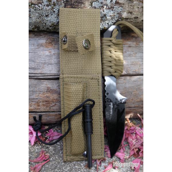 Couteau de Survie Lame Clip Point Acier Inox Manche Paracorde + Allume Feu Etui Nyon