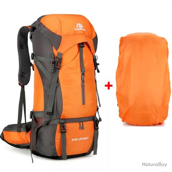 SAC  DOS 70 LITRES + HOUSSE DE PLUIE - ORANGE - LIVRAISON GRATUITE