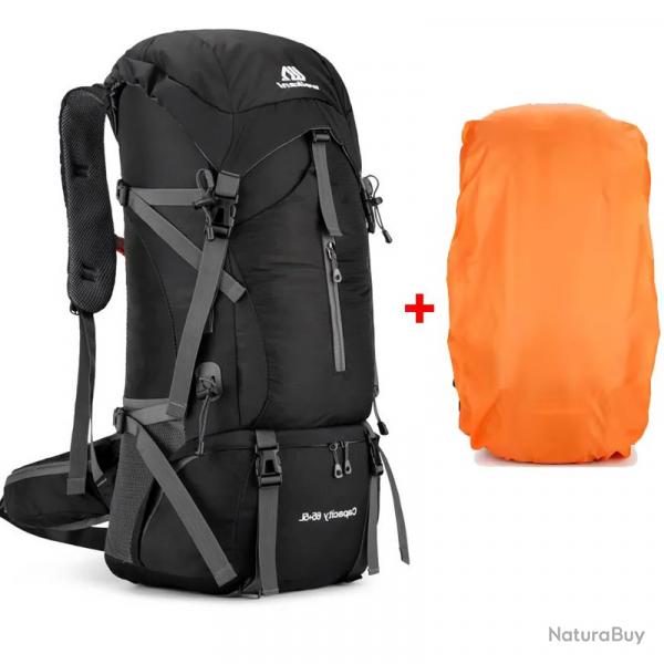 SAC  DOS 70 LITRES + HOUSSE DE PLUIE - NOIR - LIVRAISON GRATUITE