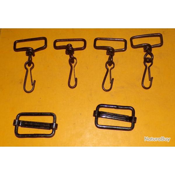 LOT DE 4 CROCHETS + 2 PASSANT EN METAL POUR REPARATION MUSETTE OU SAC  ,BON ETAT VOIR PHOTOS. POUR T