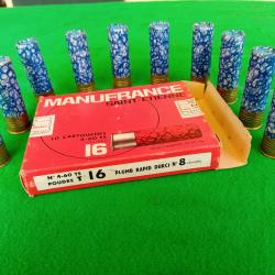 Boîte complète de 10 cartouches marbrées MANUFRANCE - Cal 16 - Plomb rapid durci N° 8 - Poudre T