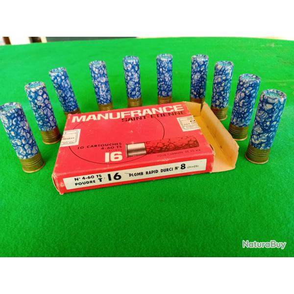 Bote complte de 10 cartouches marbres MANUFRANCE - Cal 16 - Plomb rapid durci N 8 - Poudre T