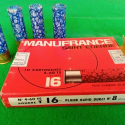 Lot de 4 cartouche marbrées MANUFRANCE et leur boîte d'origine - Cal 16 - Plomb rapid durci N° 8 - P