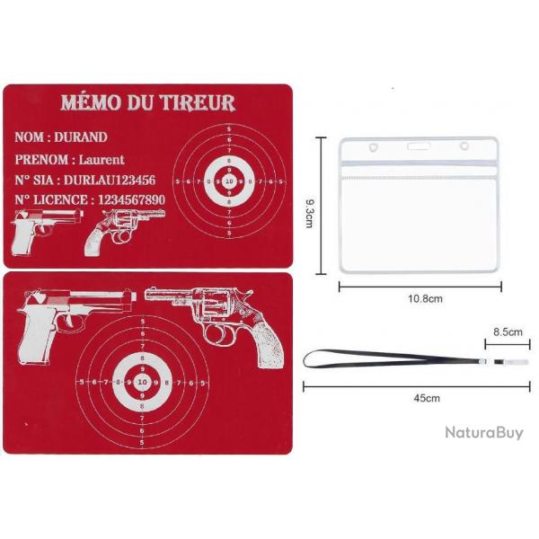 Mmo tireur sportif FFT rouge en aluminium grav au laser (Recto / Verso) + Porte badge tour de cou