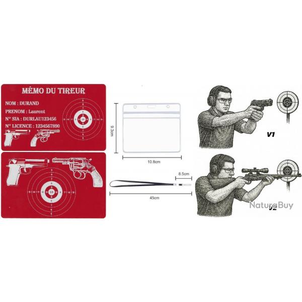 Mmo tireur sportif FFT rouge en aluminium grav au laser (Recto / Verso) + Porte badge tour de cou