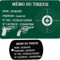 Mémo tireur sportif FFT vert + Porté clé TAG militaire en aluminium gravé au laser (Recto)