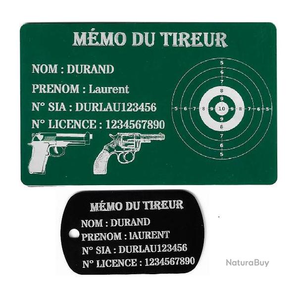 Mmo tireur sportif FFT vert + Port cl TAG militaire en aluminium grav au laser (Recto)