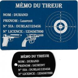 Mémo tireur sportif FFT bleu + Porté clé TAG militaire en aluminium gravé au laser (Recto)