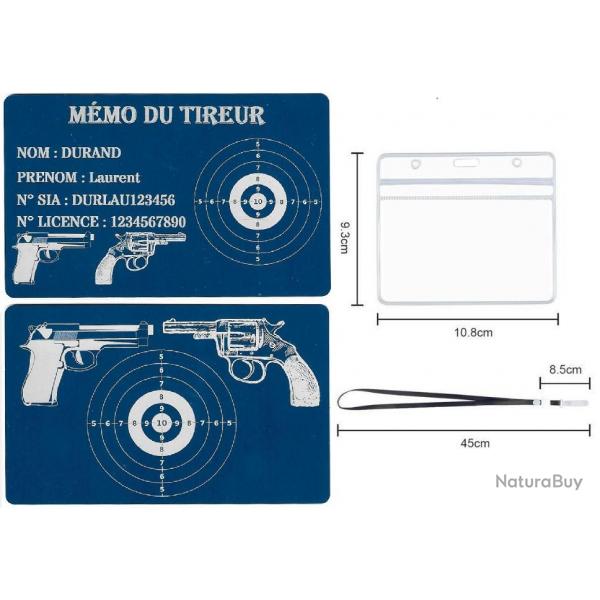 Mmo tireur sportif FFT bleu en aluminium grav au laser (Recto / Verso) + Porte badge tour de cou