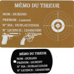 Mémo tireur sportif FFT doré + Porté clé TAG militaire en aluminium gravé au laser (Recto)