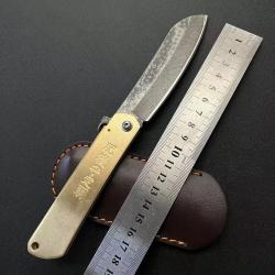 Couteau Pliant Japonais Higonokami Doré - Couteau de Poche, Lame Effet Damas Laser, Étui Inclus