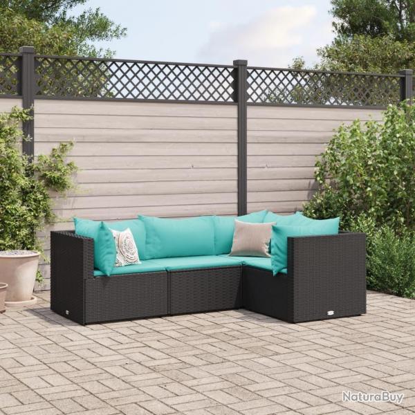 Salon de jardin 4 pcs avec coussins Noir Rsine tresse