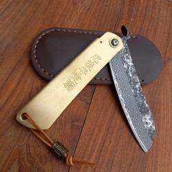 Gros Couteau JAPONAIS HIGONOKAMI Manche en Laiton avec Étui en cuir