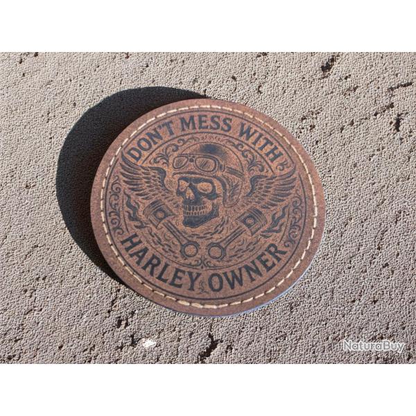 Patch militaire en cuir pu Don't mess with Harley owner - biker skull badge