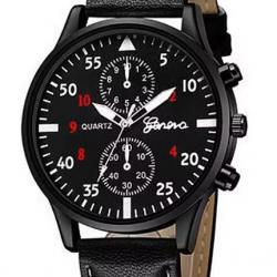 Montre Homme Aviateur Bracelet Façon Cuir Noir Boitier métal Fond Noir Aiguilles Luminescentes