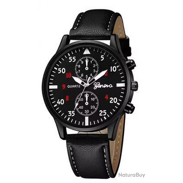 Montre Homme Aviateur Bracelet Faon Cuir Noir Boitier mtal Fond Noir Aiguilles Luminescentes