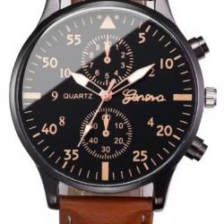 Montre Homme Aviateur Bracelet Façon Cuir Marron Boitier métal Fond Noir Aiguilles Luminescentes