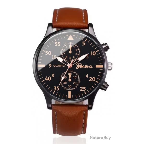 Montre Homme Aviateur Bracelet Faon Cuir Marron Boitier mtal Fond Noir Aiguilles Luminescentes