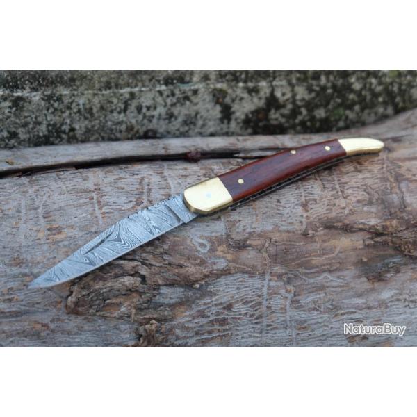 Couteau Damas Lame 128 Couches Faon L'Aveyronnais Manche Bois Fabrication Artisanale Cran Forc 00