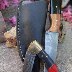 Lot de 2 Couteaux:  Skinner Damas Lame 256 Couches Etui Cuir + Pliant Lame 128 Couches Style Buck 03