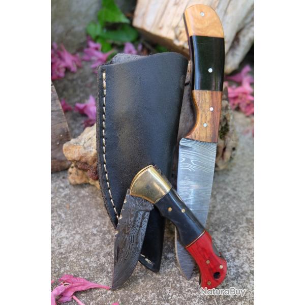 Lot de 2 Couteaux:  Skinner Damas Lame 256 Couches Etui Cuir + Pliant Lame 128 Couches Style Buck 03