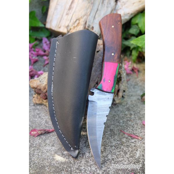 Couteau Skinner Damas Lame Upswept Acier 256 Couches Manche Bois Etui Cuir Fabric Artisanale
