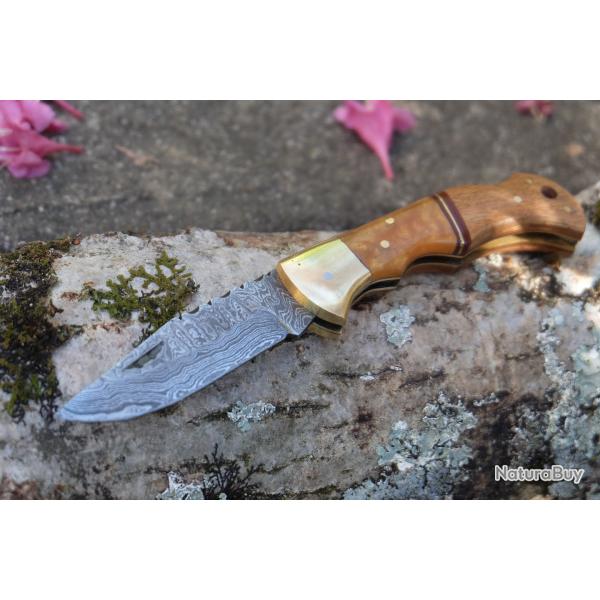 Couteau Lame Damas 128 Couches Style Buck 112 Manche Bois/Rsine Lockback Fabr Artisanale