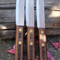 Lot de 3 Couteaux à steak T-Bone Ontario OLD HICKORY Lame Acier Carbone Manche Bois Made In USA